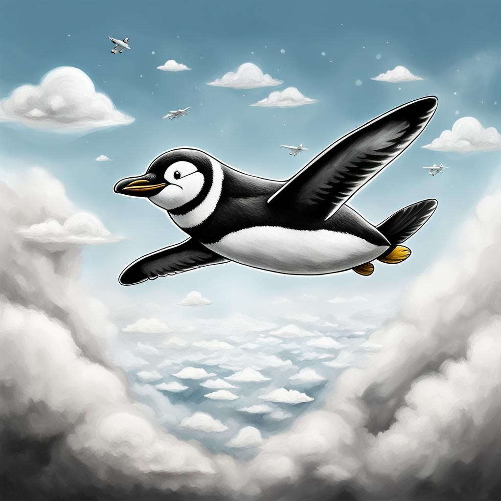 Penguin Pilot Soaring Through Cloudy Skies