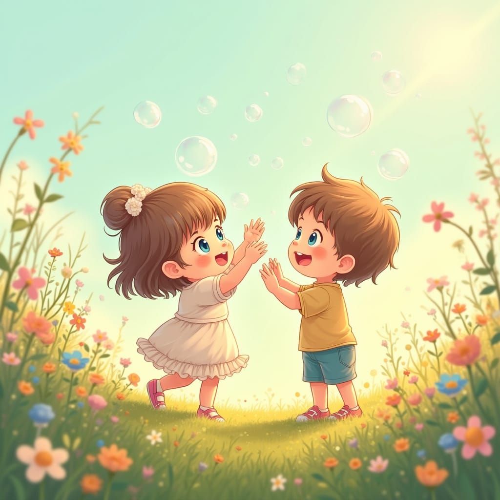 Chibi Toddler Girl Surrounded by Bubbles in Meadow