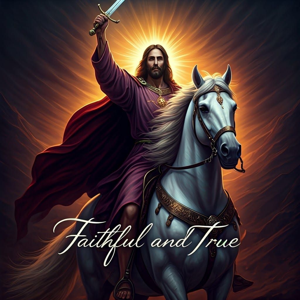 Jesus Christ riding on a white horse, dressed for battle in a purple robe dipped in blood. He is wearing many crowns on ...