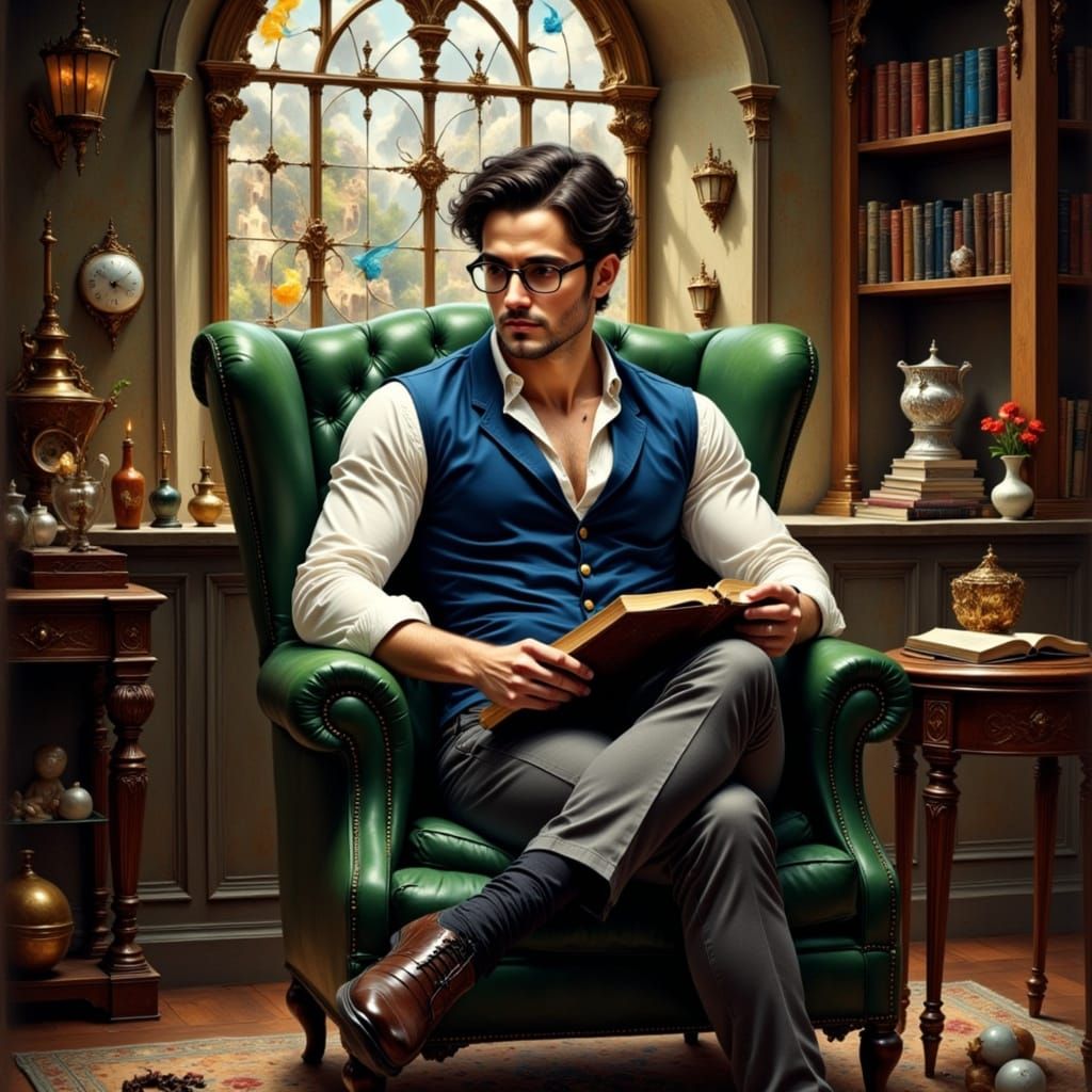 Elegant Man Reading in Magical Study