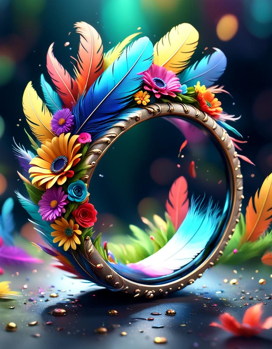 Playful Ring with Colorful Feathers, Digital Matte Painting