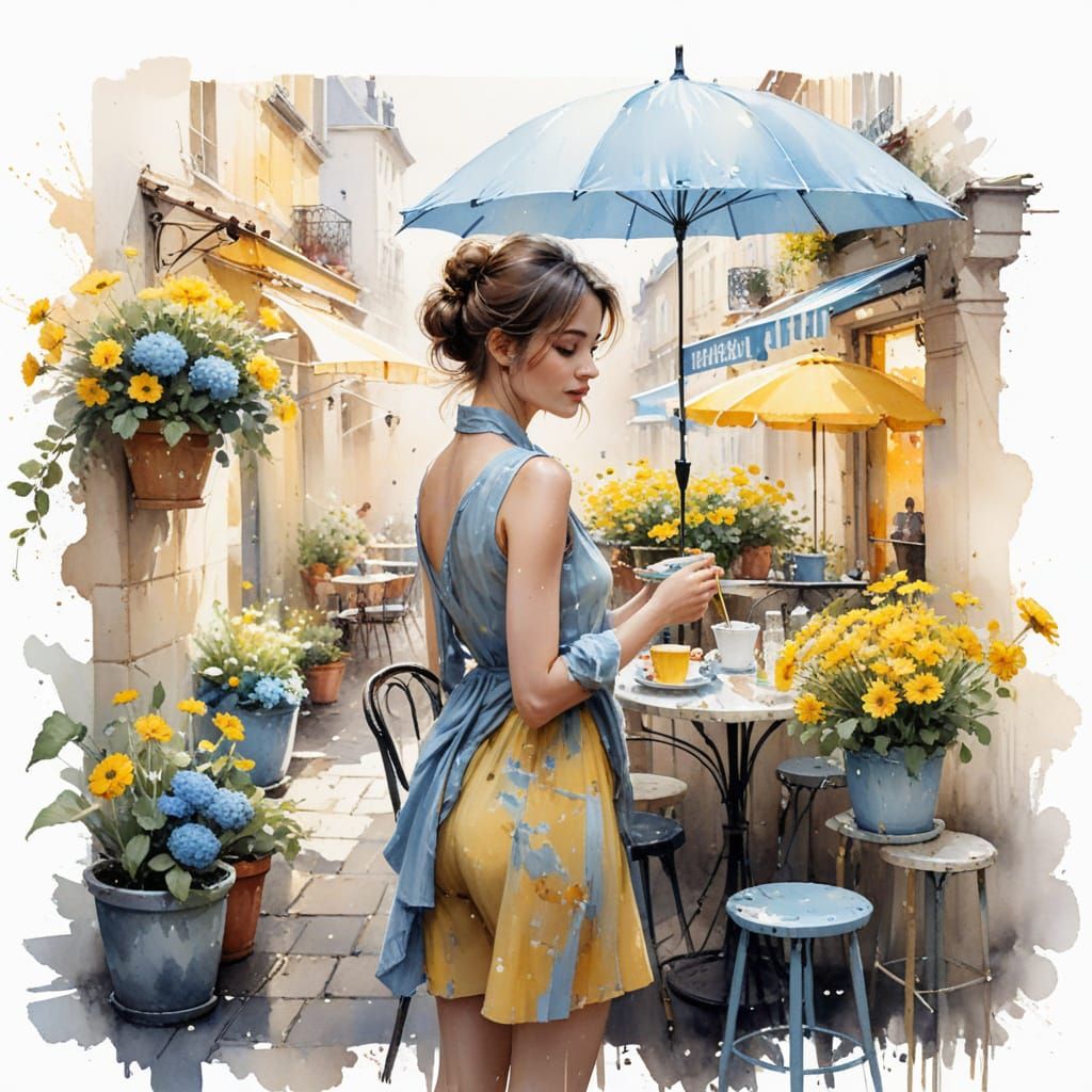 Parisian Cafe Terrace With Flowers In Watercolor Style