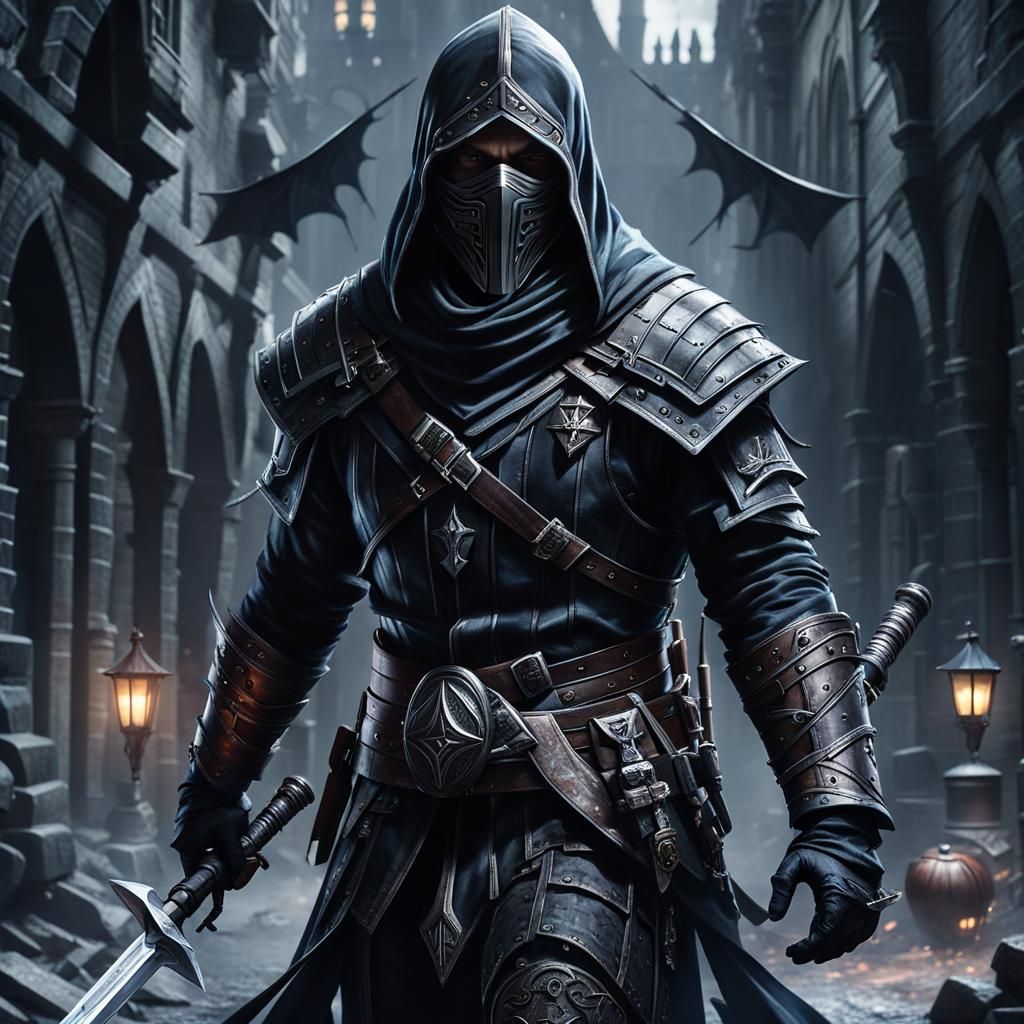 Shadow Assassin in Medieval City: Hyperrealistic Fantasy Art