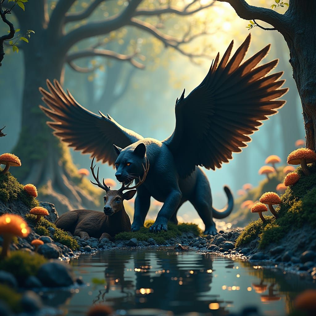 Majestic Black Panther with Wings Devours Deer in Enchanted...