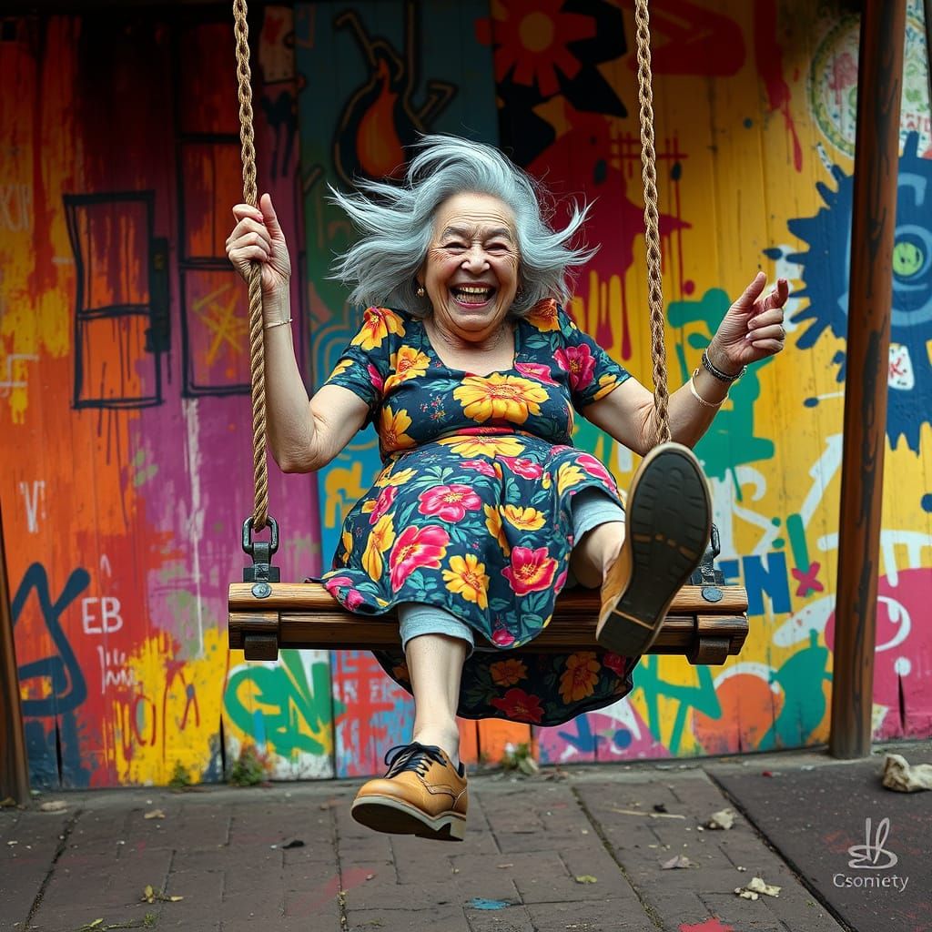 Eccentric Elderly Woman in Vibrant Floral Swing