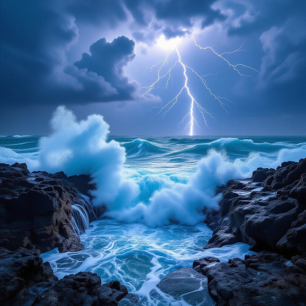 Angry Turquoise Waves Crash on Jagged Rocks