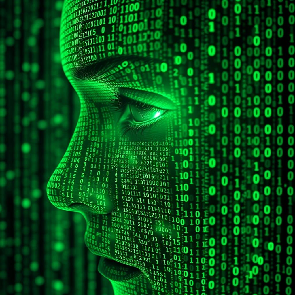 Face Formed From Glowing Green Binary Code