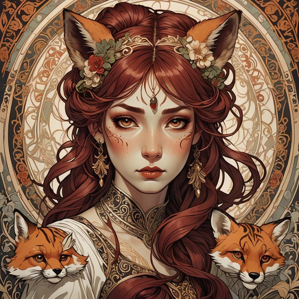 Art Nouveau Orphan Girl with Fox Ears