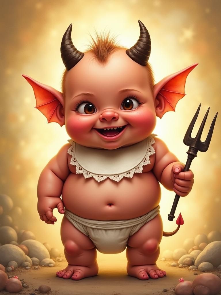 Chubby Baby Demon with Pitchfork, Whimsical Illustration