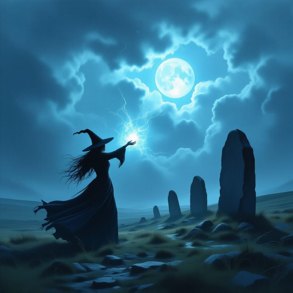 Witch Casting Spell Under Stormy Sky