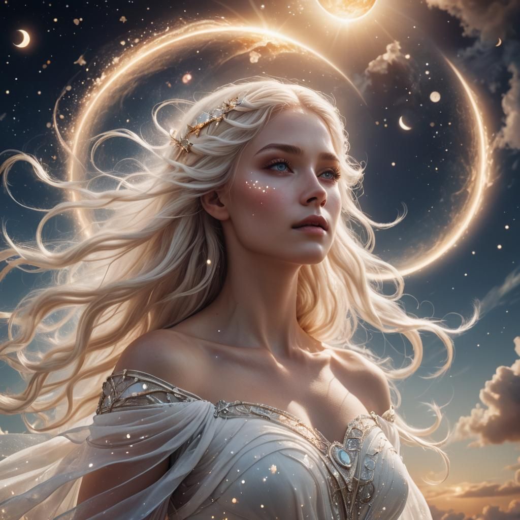 Goddess with Flowing Hair in Ethereal Sky