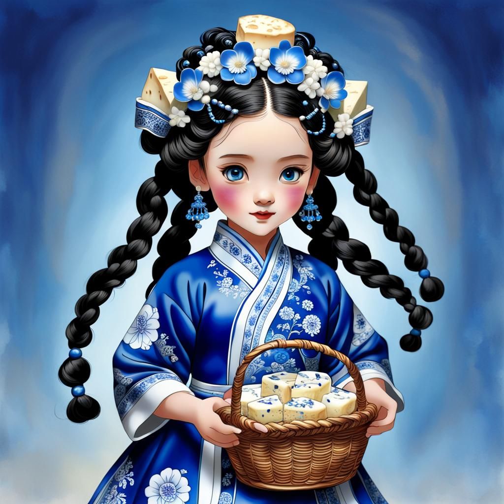 Girl in Chinese Dress with Cheeses, Hyperrealistic Portrait