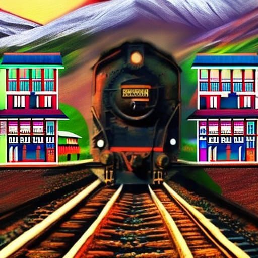 Indian Train Through Village in Psychedelic Illustration