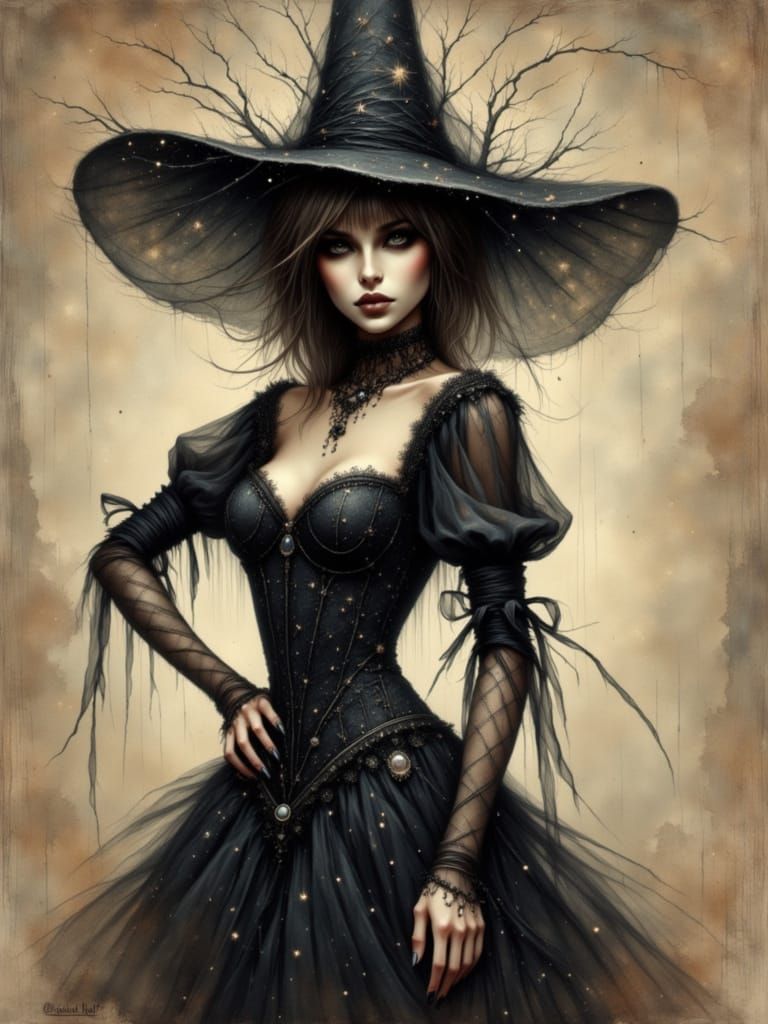 Gothic Witch in Elegant Gown with Sparkling Veil