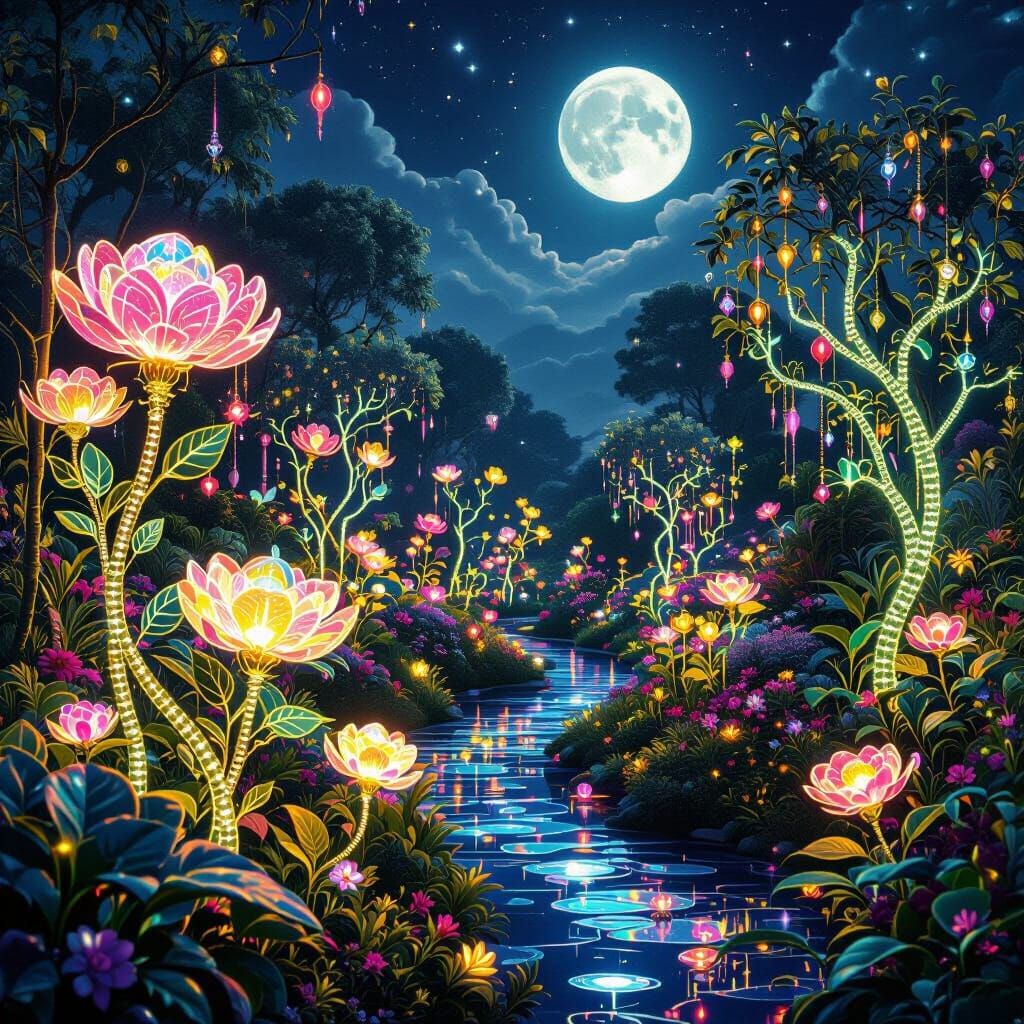 Ethereal Beaded Garden Under Moonlit Iridescent Light