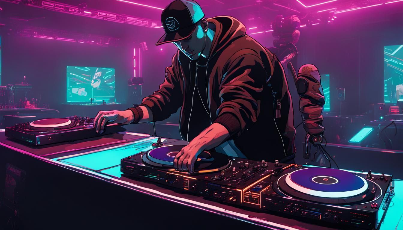 DJ in Cyberpunk Club with Neon Lights