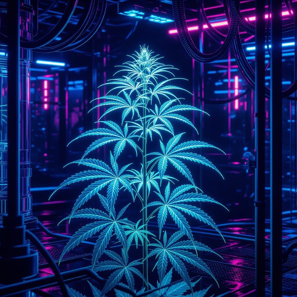 Bioluminescent Cannabis in a Cyberpunk Greenhouse