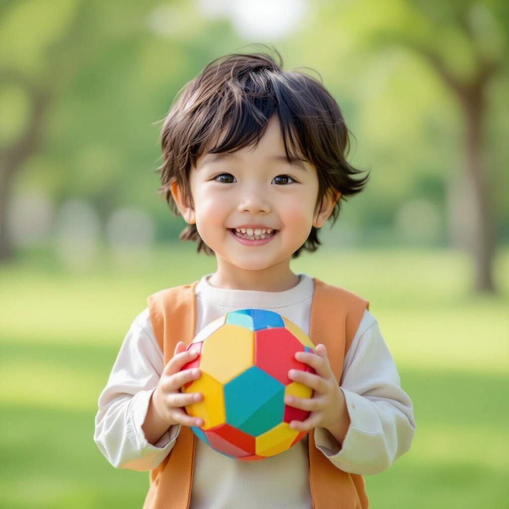 Happy Child Holds Football in Origami Papercraft Style