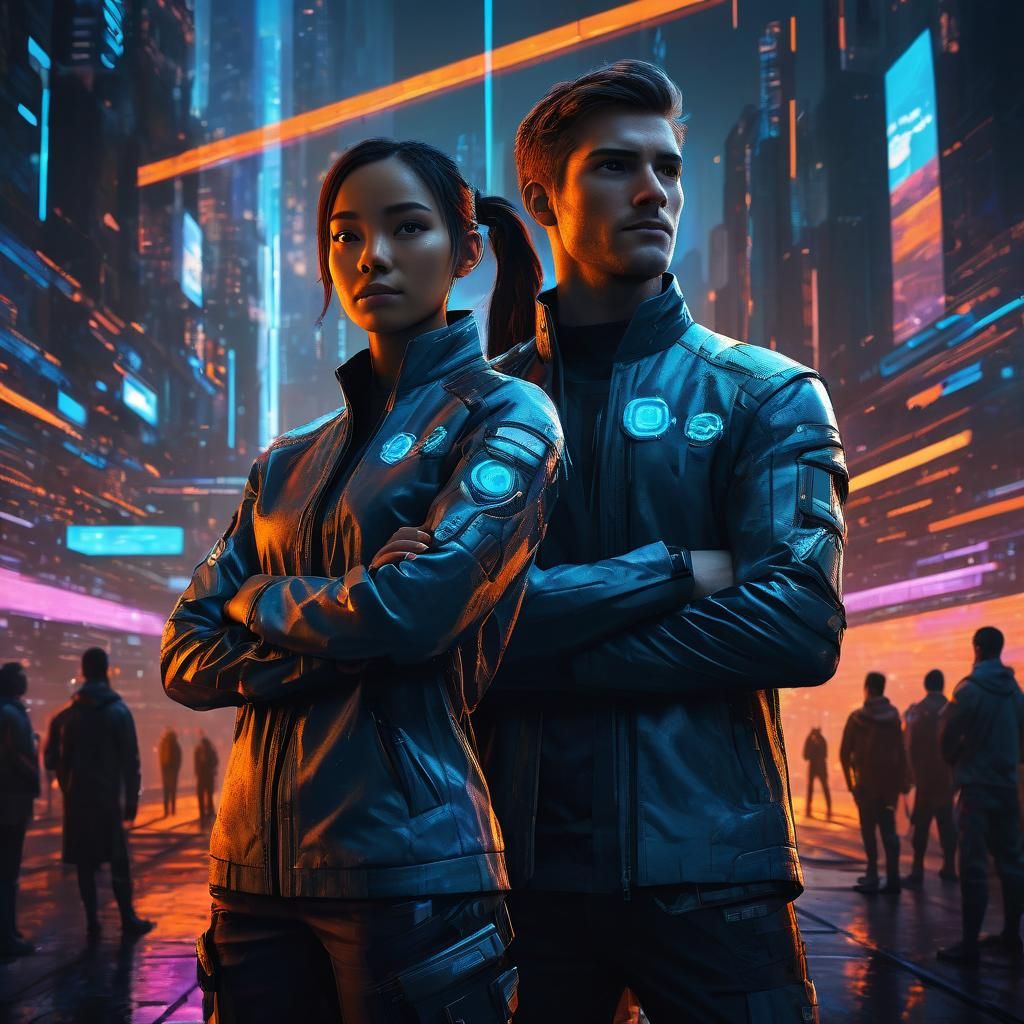 Futuristic Leaders in a Vibrant Cityscape