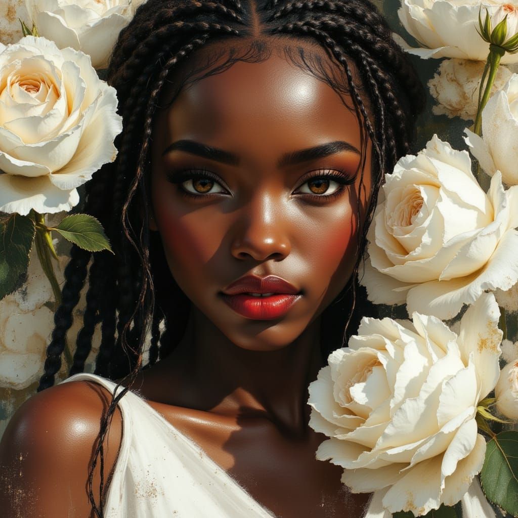 Elegant African Earth Goddess in White Gown with Roses