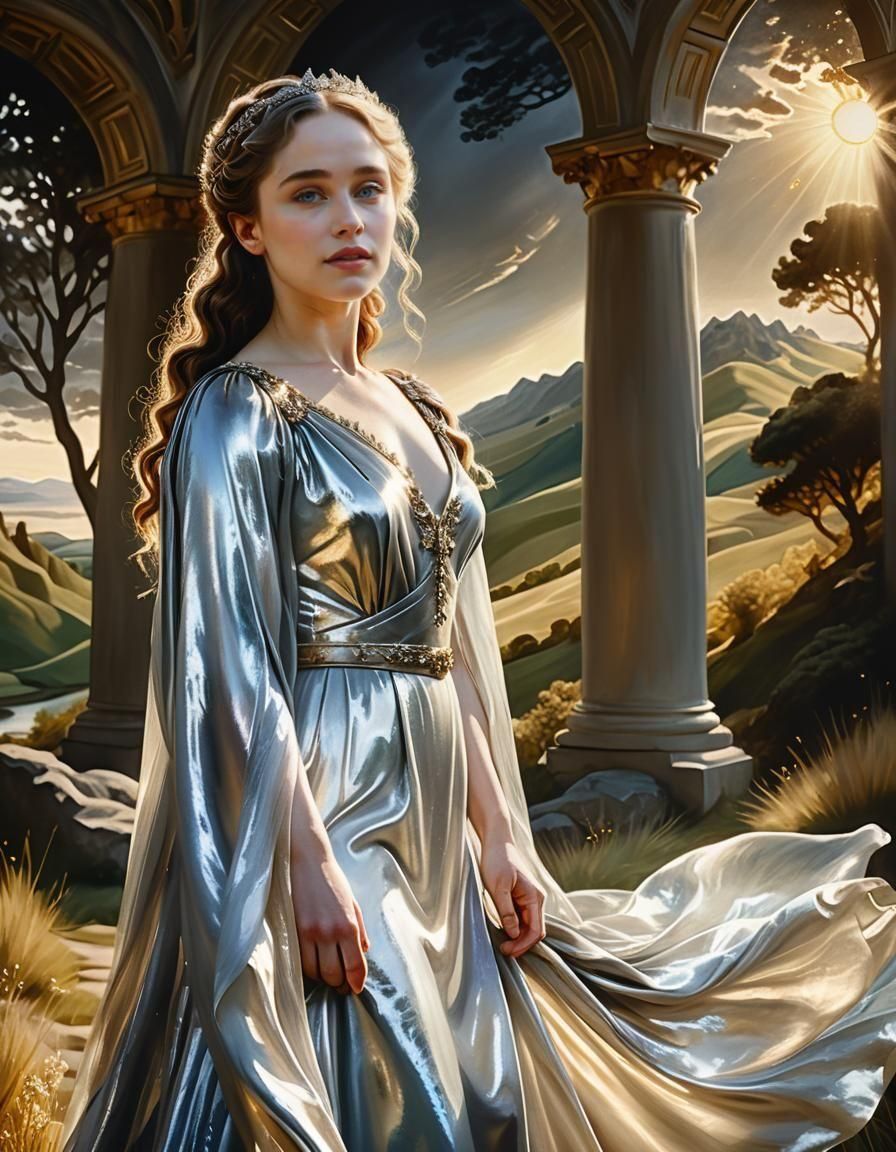 Angelic Blonde Woman in Silver Silk, Botticelli Style