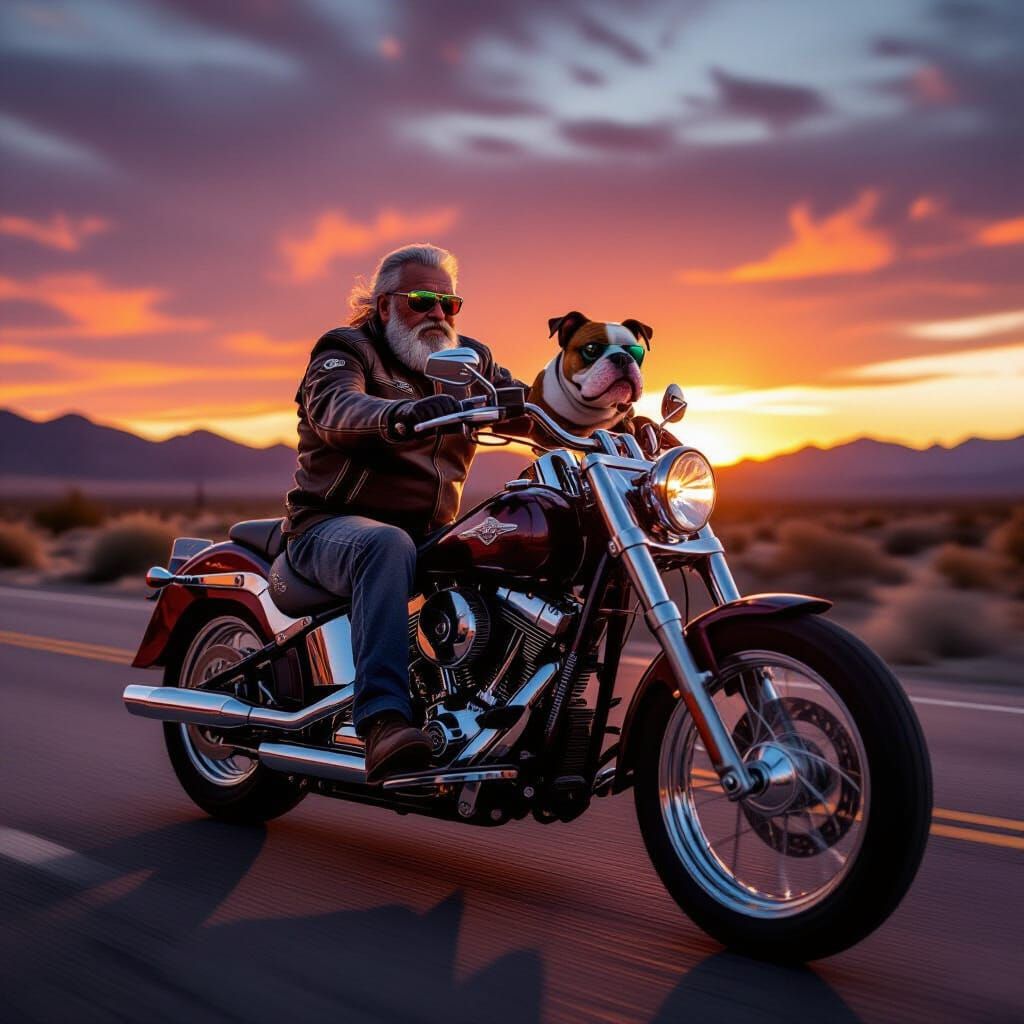 Grizzled Biker and Bulldog Ride Through Desert at Sunset