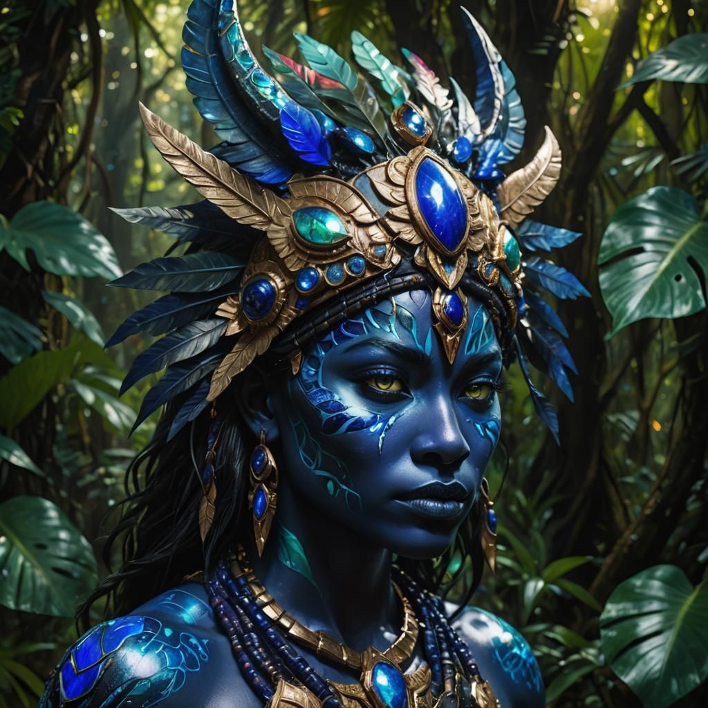 Amazonian Warrior in Luminous Jungle, Skin of Shimmering Opa...