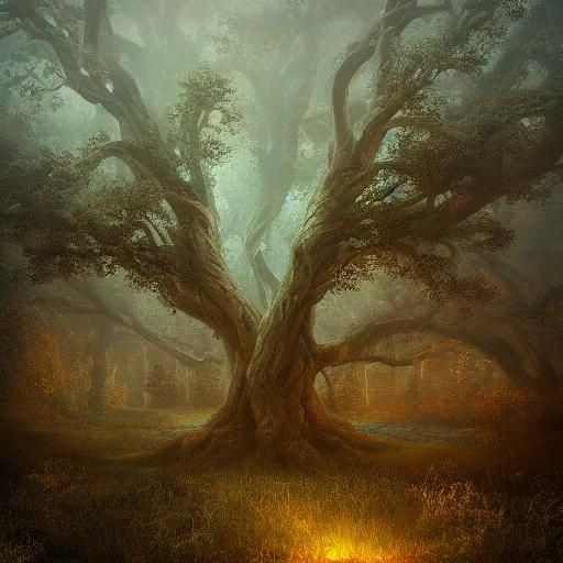 Glowing Tree of Life in Misty Forest
