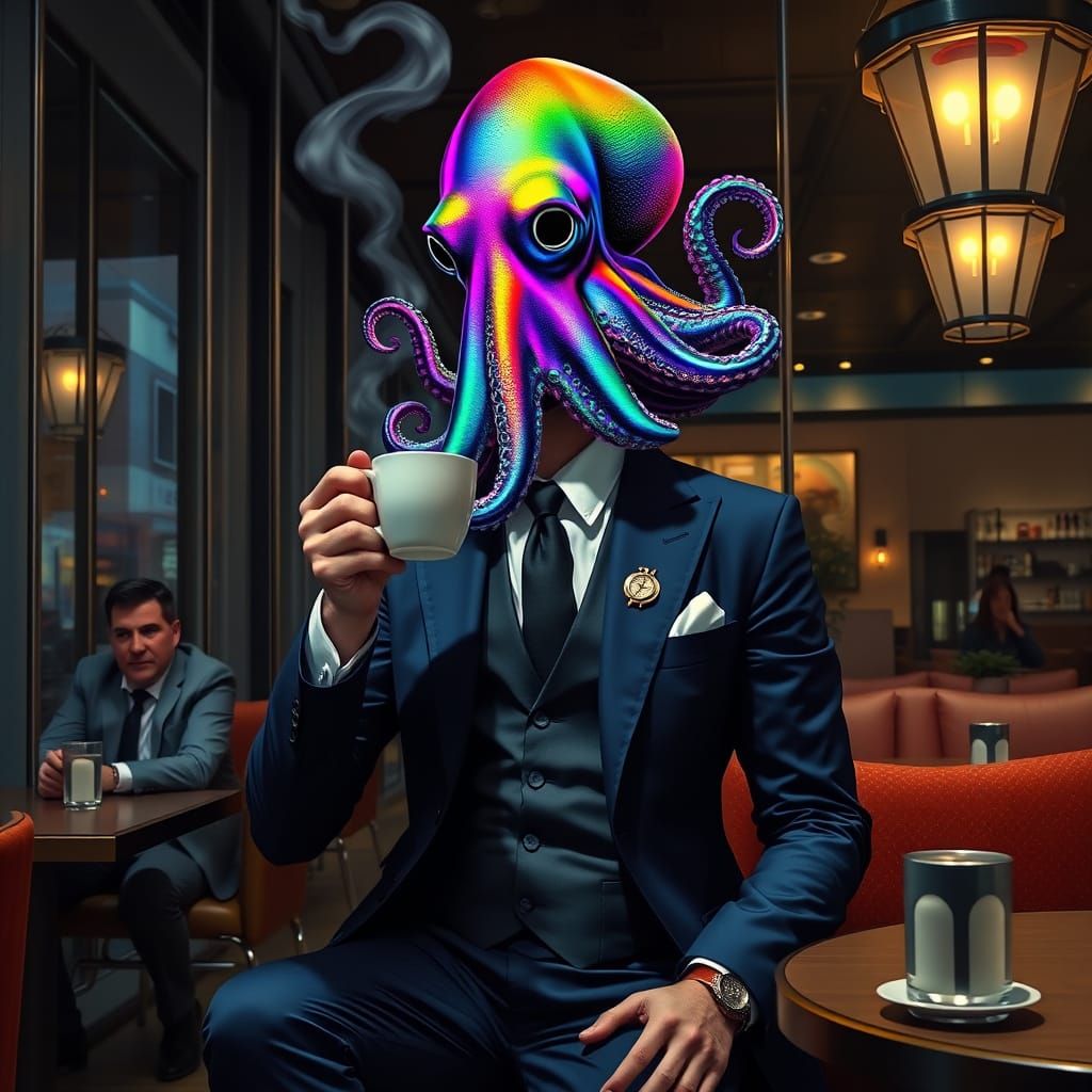 Surrealist Gentleman Sips Coffee in Modern Café