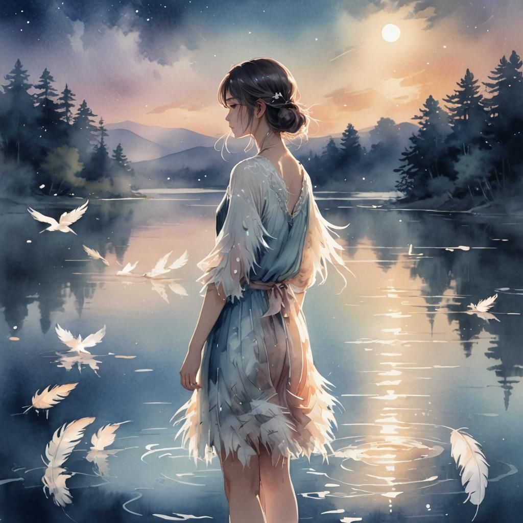 Anime Woman by Lake with Feathers in Watercolor