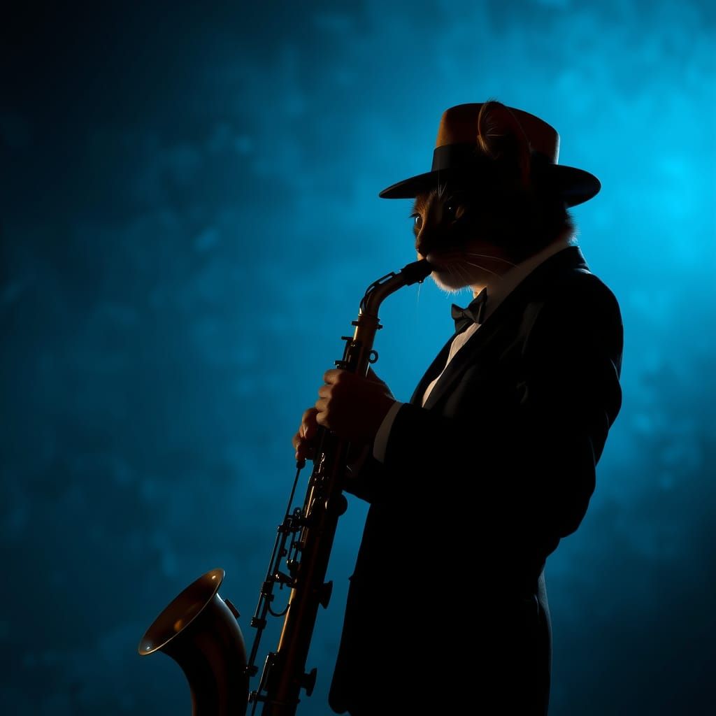 cat silhouette playing the saxophone