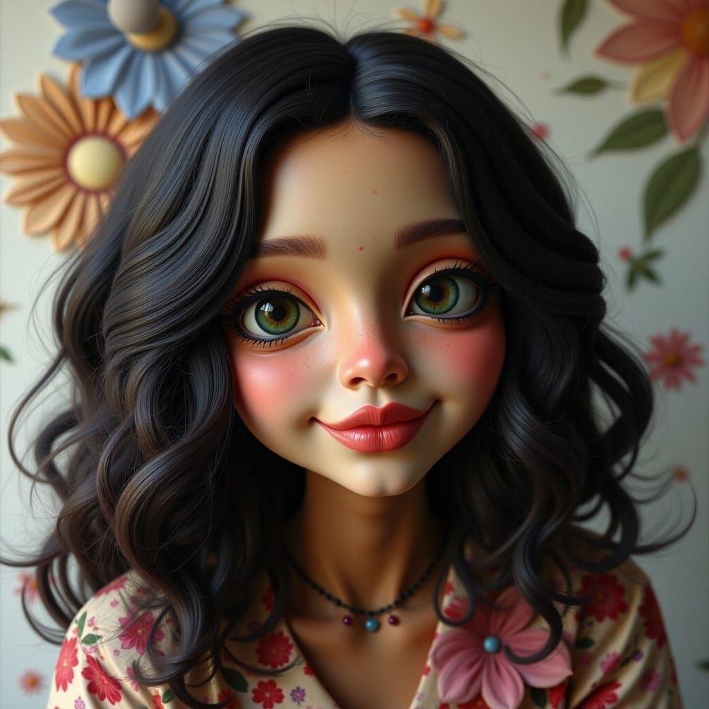 Ethnic Lady with Wavy Hair in Pop Surrealist Style