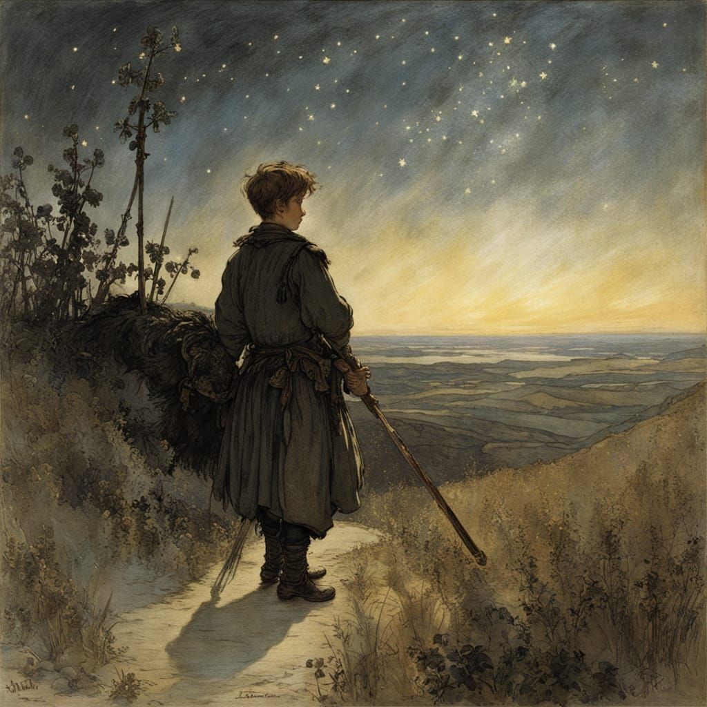 A Young Boy Contemplates the Starry Night Sky Amidst a Fairy...