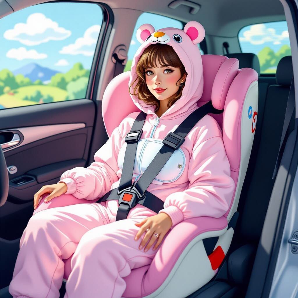 Woman in Onesie in Car Seat, Surreal Style
