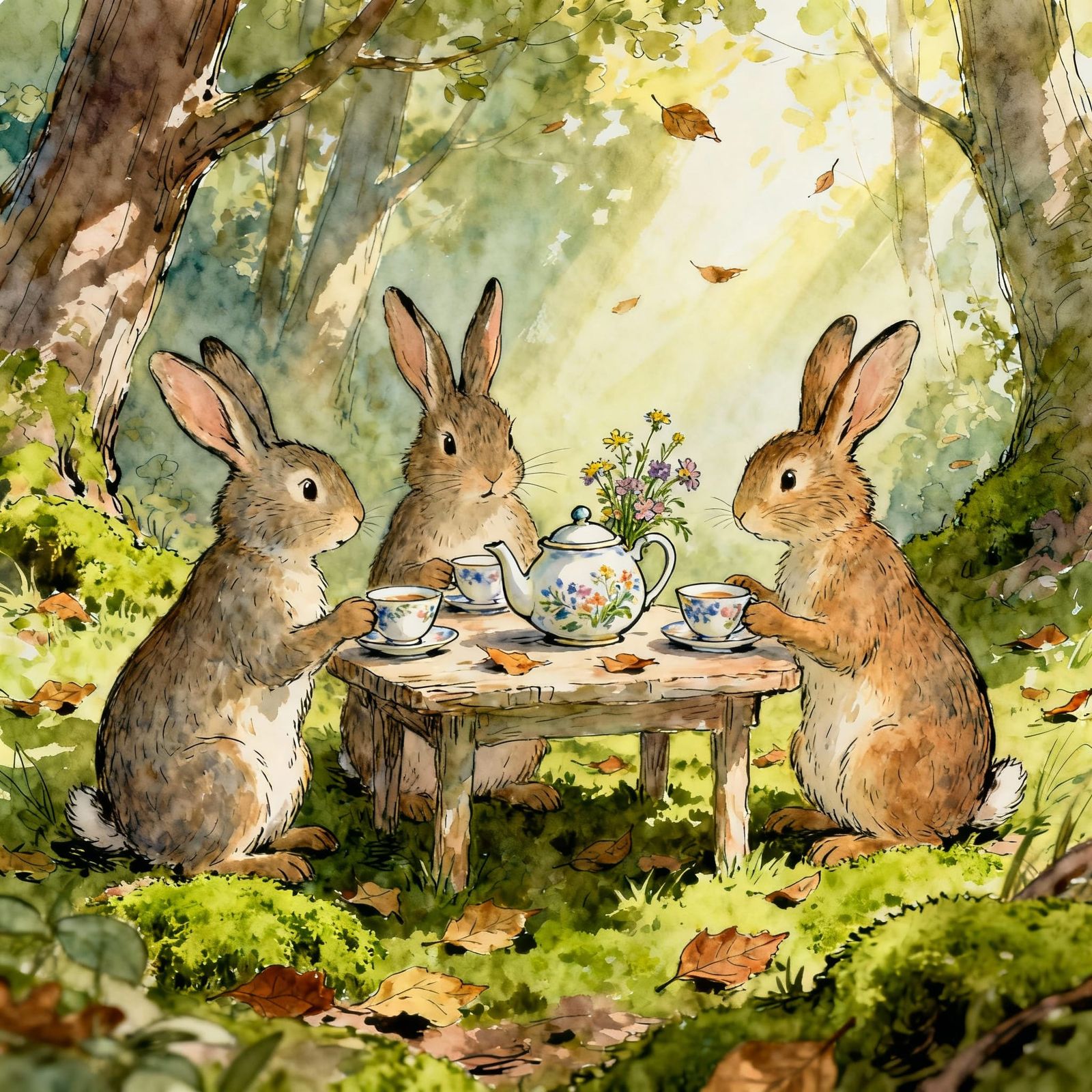Rabbits Enjoying a Forest Tea Party in Storybook Style