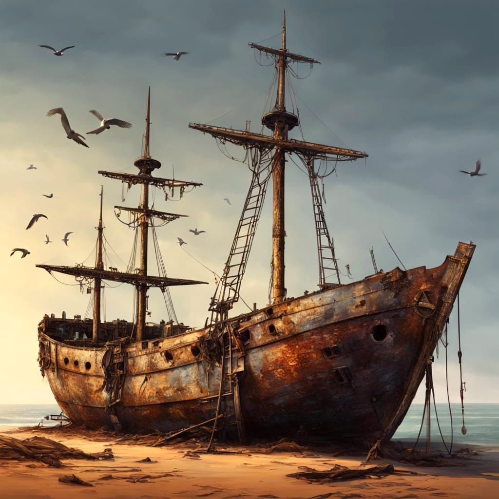 Abandoned Shipwreck on Land in Golden Hour