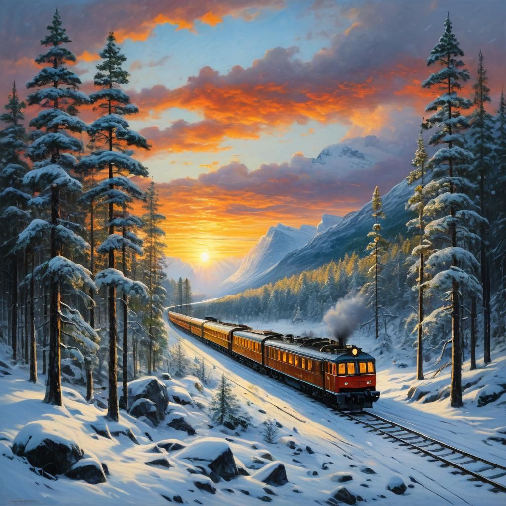Norwegian Winter Train Through Snowy Forest at Sunset