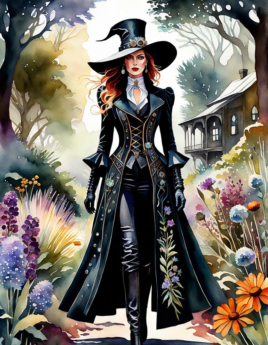 Steampunk Witch in Velvet Coat Watercolor
