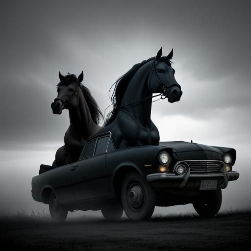 Surreal Horses Over Wrecked Car, Oil Painting