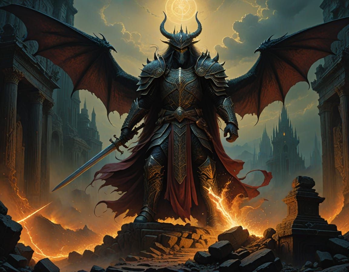 Epic Wizard Battles Dragon in Majestic, Stormy Landscape, in...