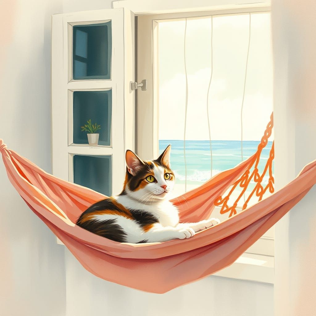 Calico Cat in Hammock: Watercolor Beach Cottage View