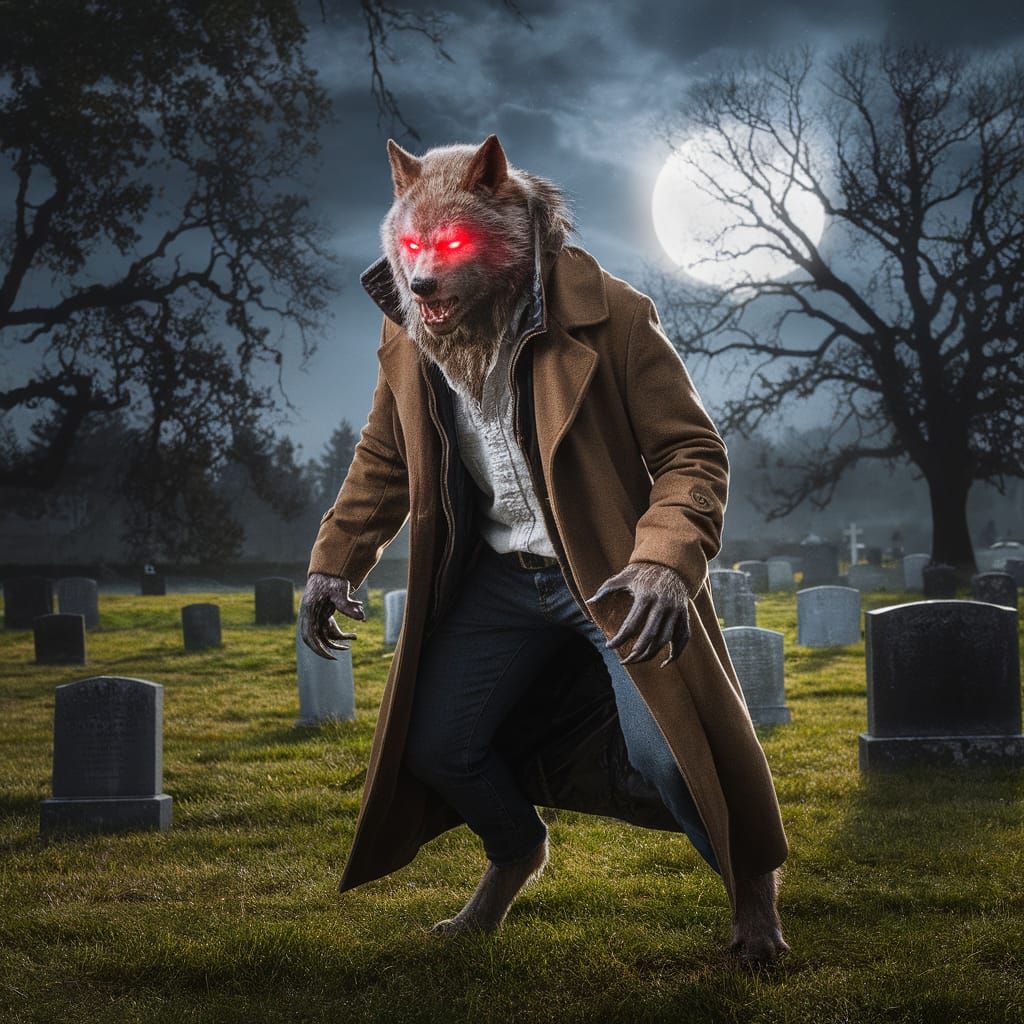 Moonlit Cemetery Werewolf with Glowing Red Eyes
