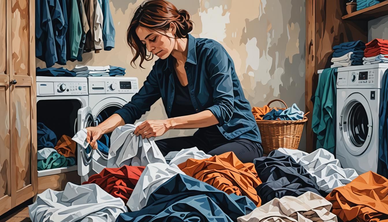 Woman Folding Laundry in Abstract Art Style