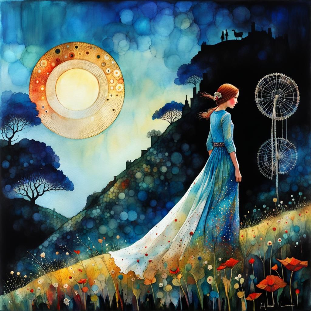 Girl on Hill in Art Brut Style