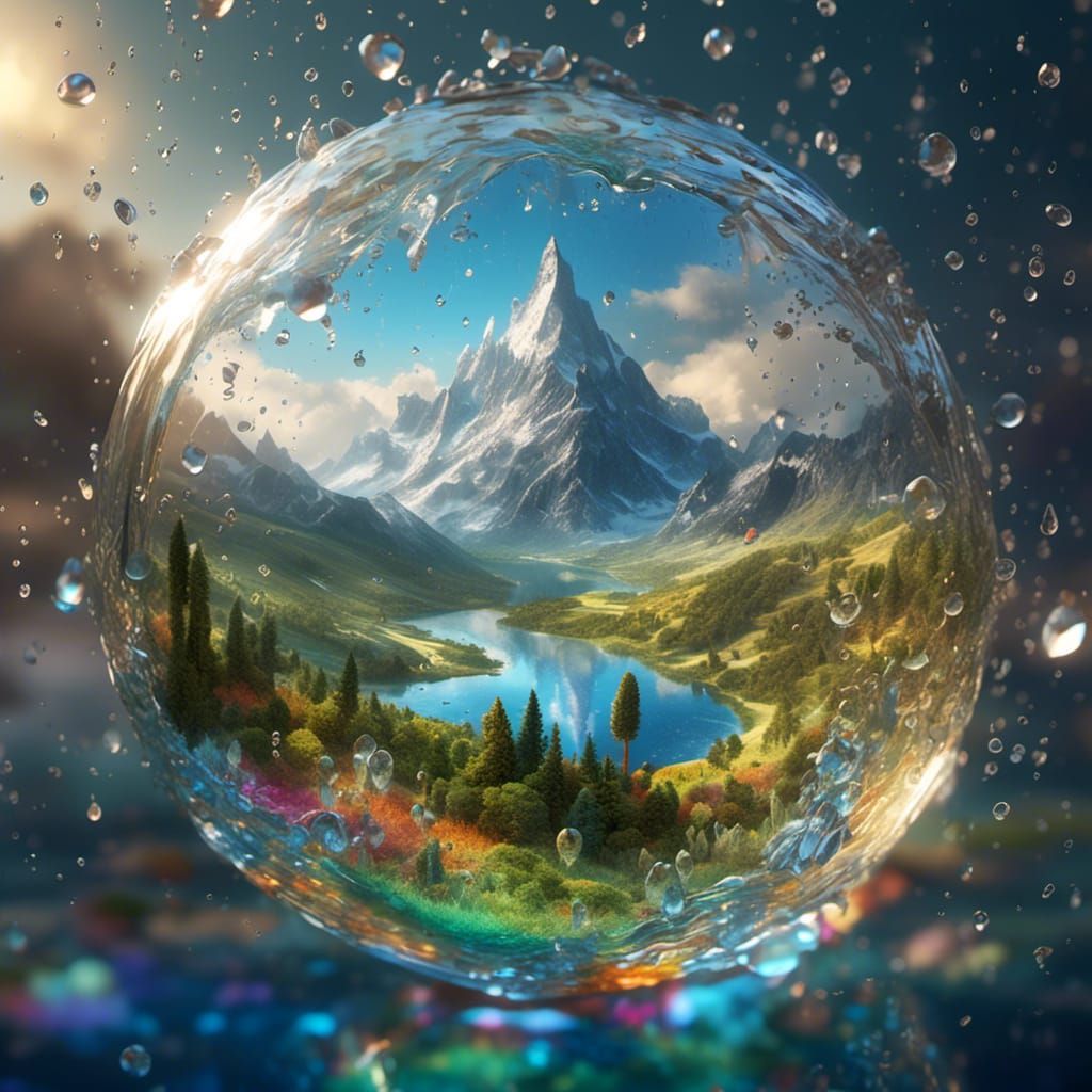 Upside-Down Landscape Reflected in Raindrop