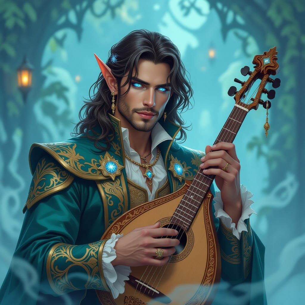 Ethereal High Elf Bard in Whimsical Fantasy Landscape