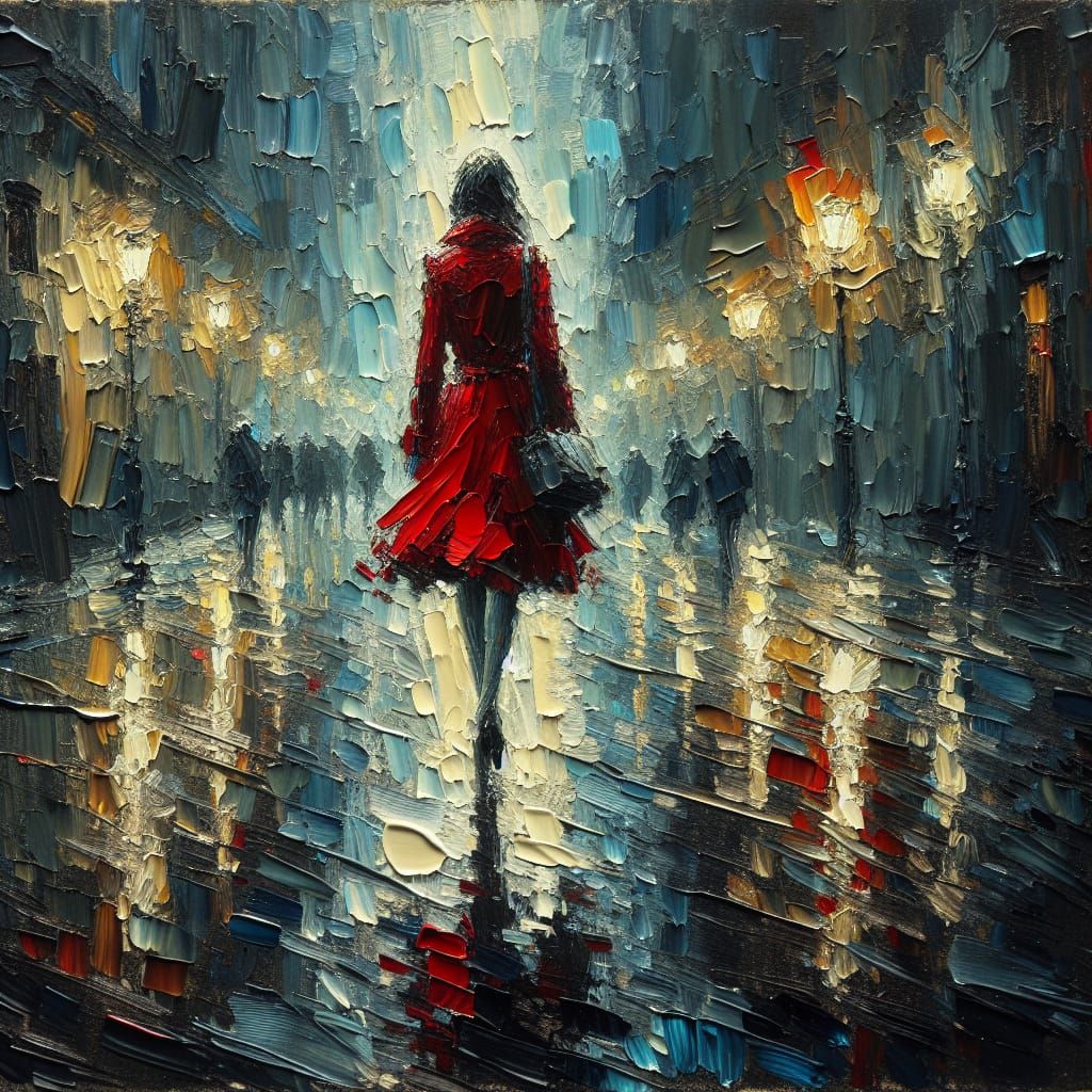 Woman in Red Walks Through Rainy Night in Expressionist Styl...