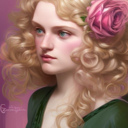 Blonde hair in ringlets, green eyes, beautiful pale pink dress, lady, pink roses