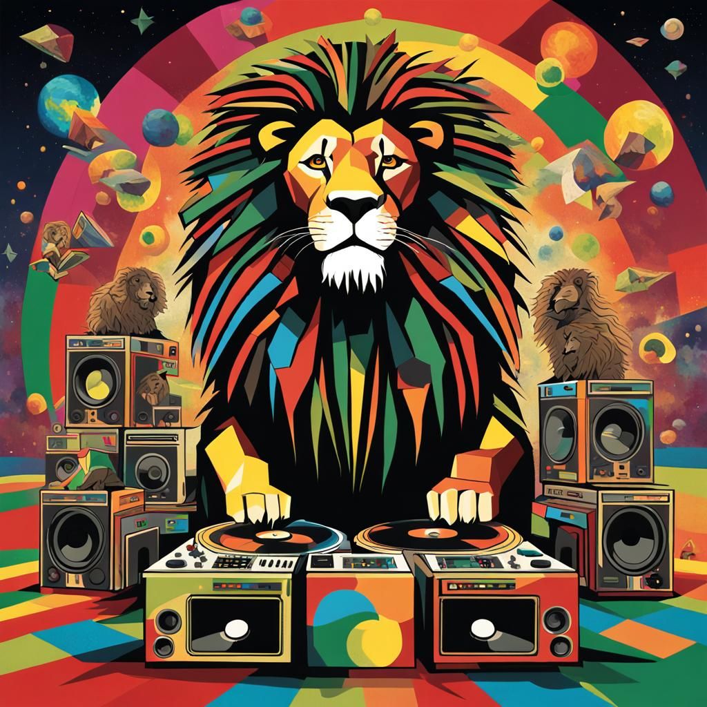 Rastafarian Lion on Sound System in Space: Cubist Art Deco
