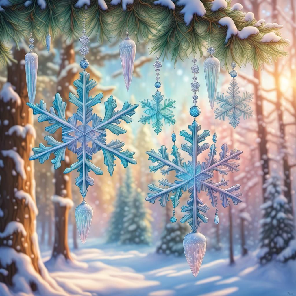 Ornate Pastel Glass Snowflakes in Winter Scene